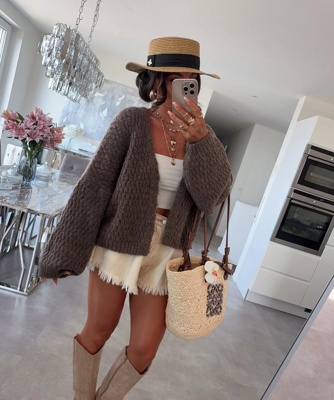 Kvinders chunky strik cardigan med voluminøse ærmer og åben front Stilla