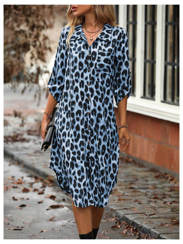 Femme Stilfuldt Leopardmønster Lang Knap-op Kjole Stilla
