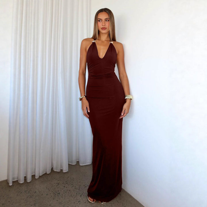 Dame Elegant Maxi-kjole med justerbar halterneck og figursyet snit Stilla
