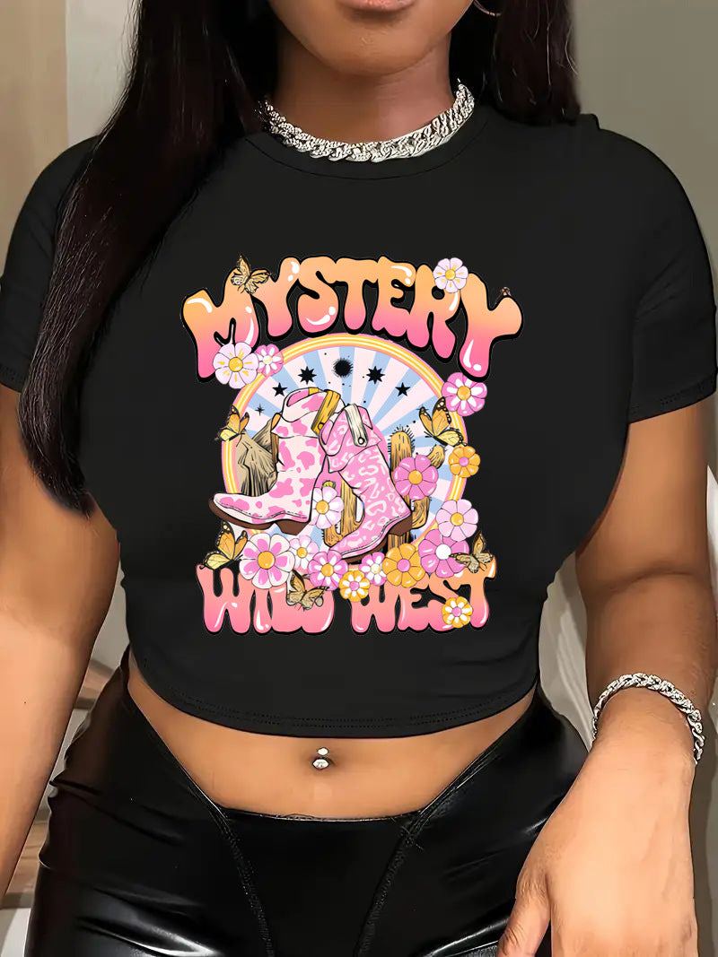 Dame Crop-T-Shirt med kreativt motiv og tætsiddende snit Skovae