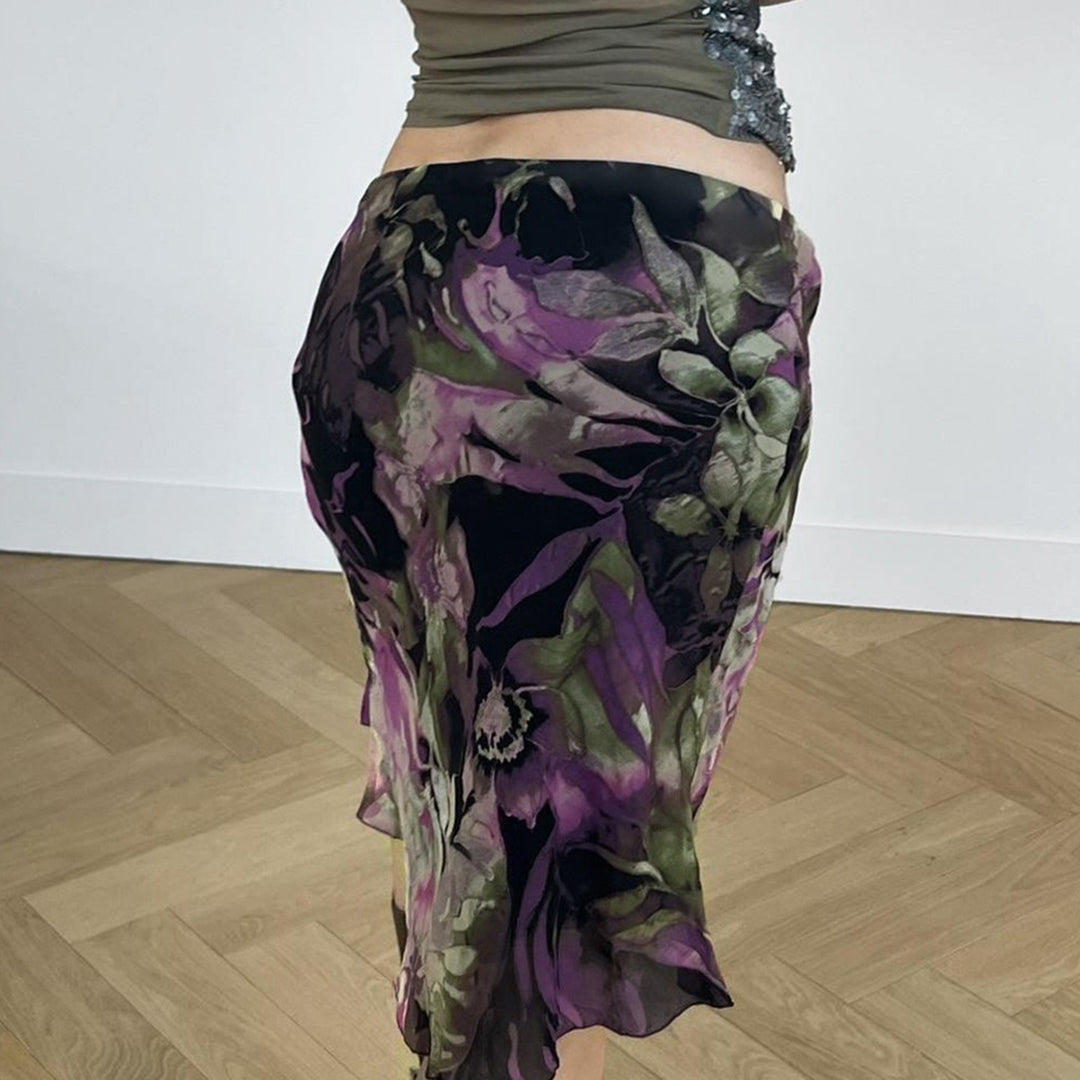 Damen eleganter Midirock mit floralem Design und fließendem Stoff Skovae
