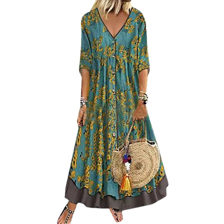 Dame Bohemian Floral Maxi Kjole med V-udskæring og Knapdetaljer Stilla