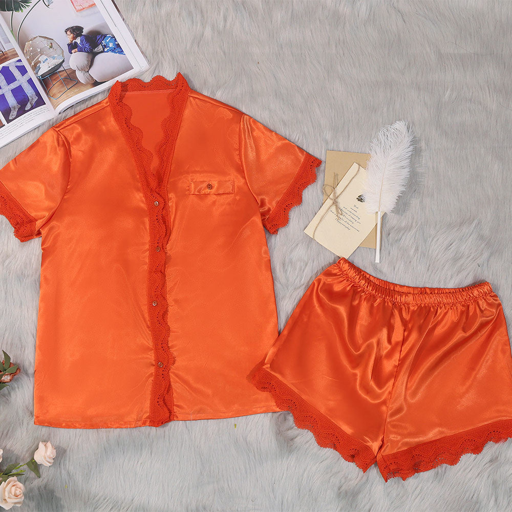Dame Satin Natbluse-Sæt med elegant blondeudsmykning og knap-front Stilla