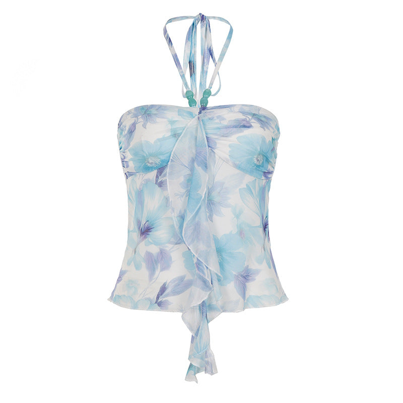 Dame halterneck bluse med blomsterdesign og raffineret krøllekant Skovae