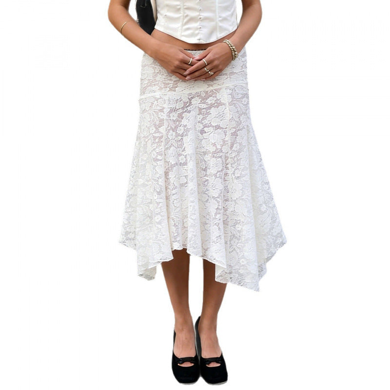 Damen Spitzenrock mit asymmetrischem Schnitt und floralen Details Skovae