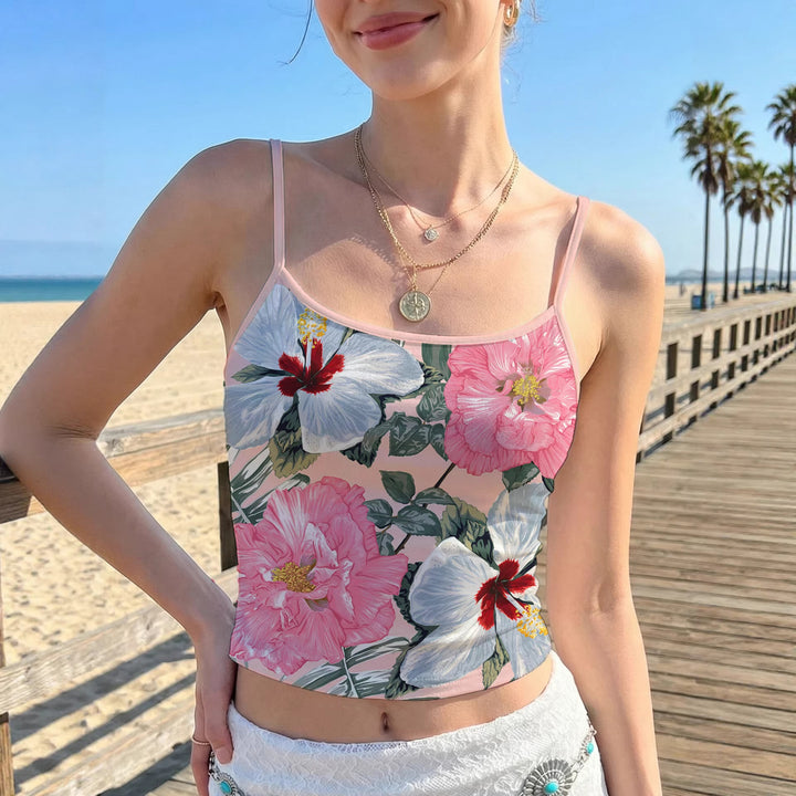 Dame tank top med livligt blomster mønster og elastisk afslutning Skovae