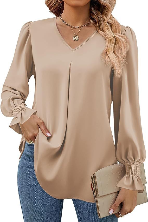 Dame Elegant Bluse med V-udskæring og Pufærmer Stilla