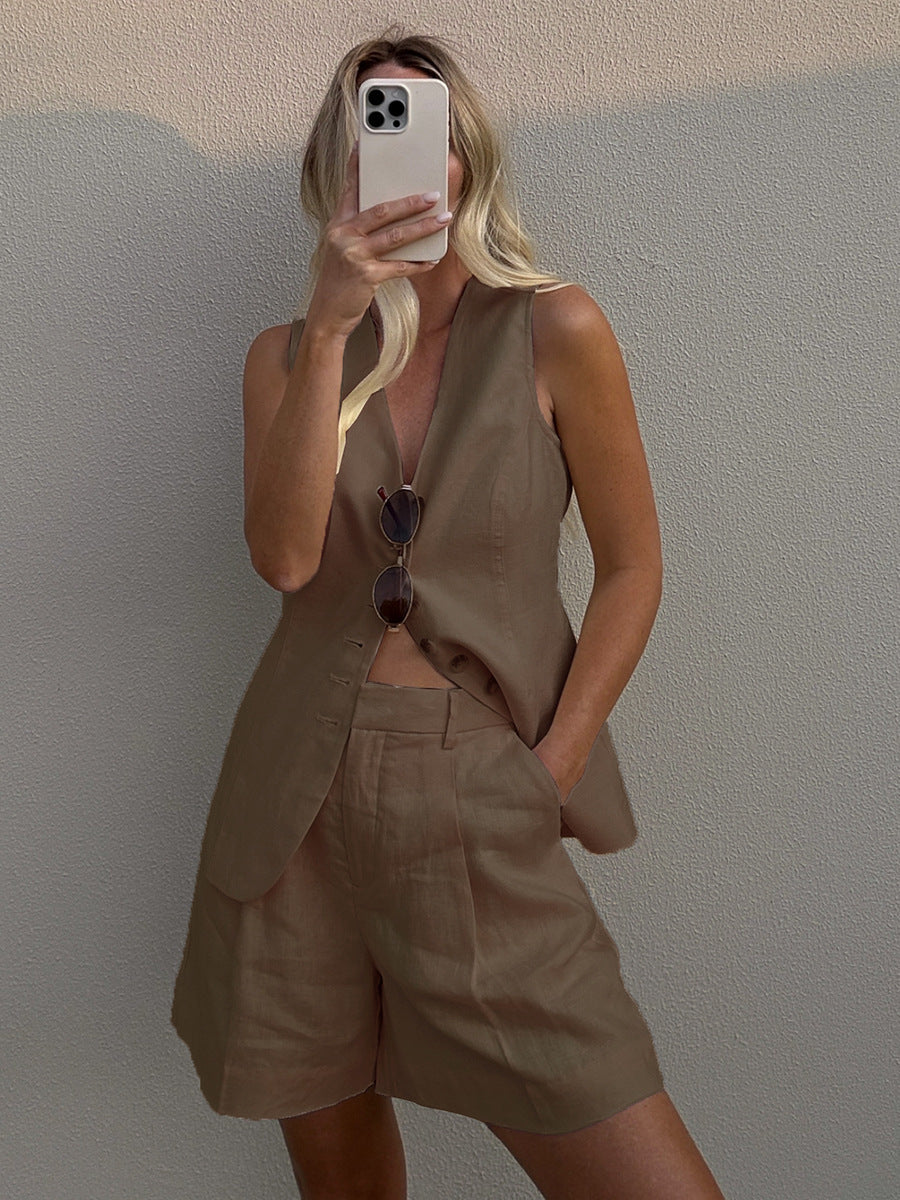 Femme Figursyet Linned blazer og shorts-sæt Stilla