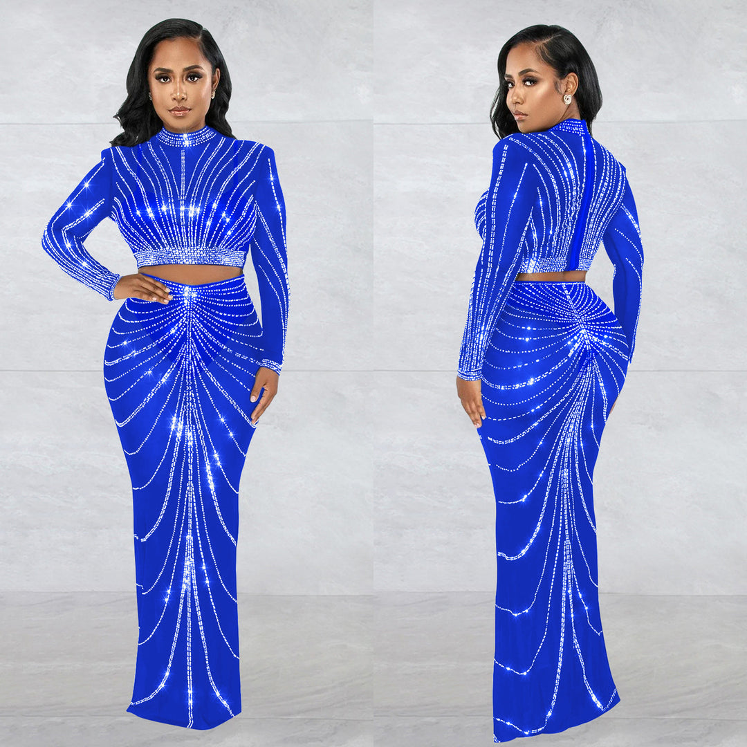 Dame Elegant Crop-Top og Maxi-Nederdel Sæt med glitrende Strass-dekorationer Stilla