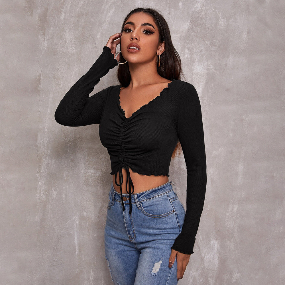 Dame cropped top med snøring og elegante flæse detaljer Stilla