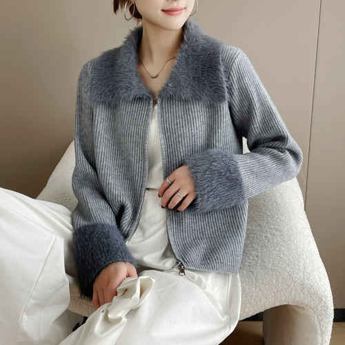 Kvinders cardigan med luksuriøs faux fur krave og ribbet tekstur Stilla