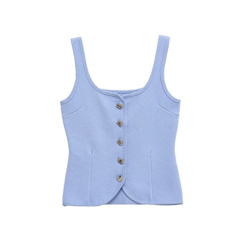 Femme Taljeret Kvadrat-Udskæring Knap-Op Crop Top Stilla
