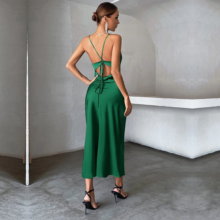 Kvinders elegante satin maxi kjole med spaghetti-stropper og flydende snit Stilla