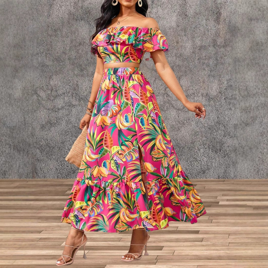 Dame Off-Shoulder Maxikjole med farverigt palmeprint Stilla