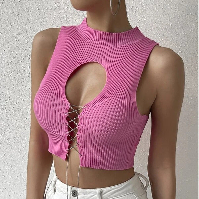 Dame Strik Crop Top med raffineret Udsnit og Snøredetaljer Stilla