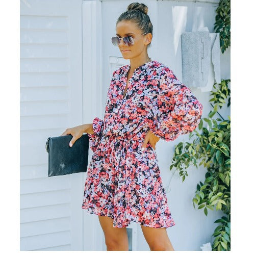 Dame Løs Floral Mini Kjole med Bånd Detalje Stilla