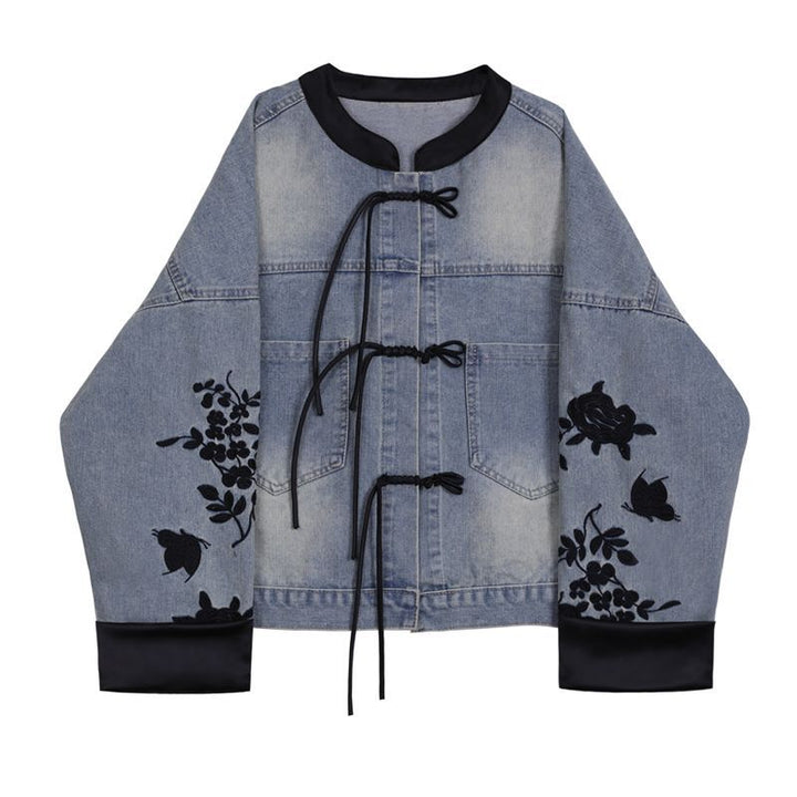 Kvindernes fashionable denimjakke med blomsterbroderi og elegante manchetter