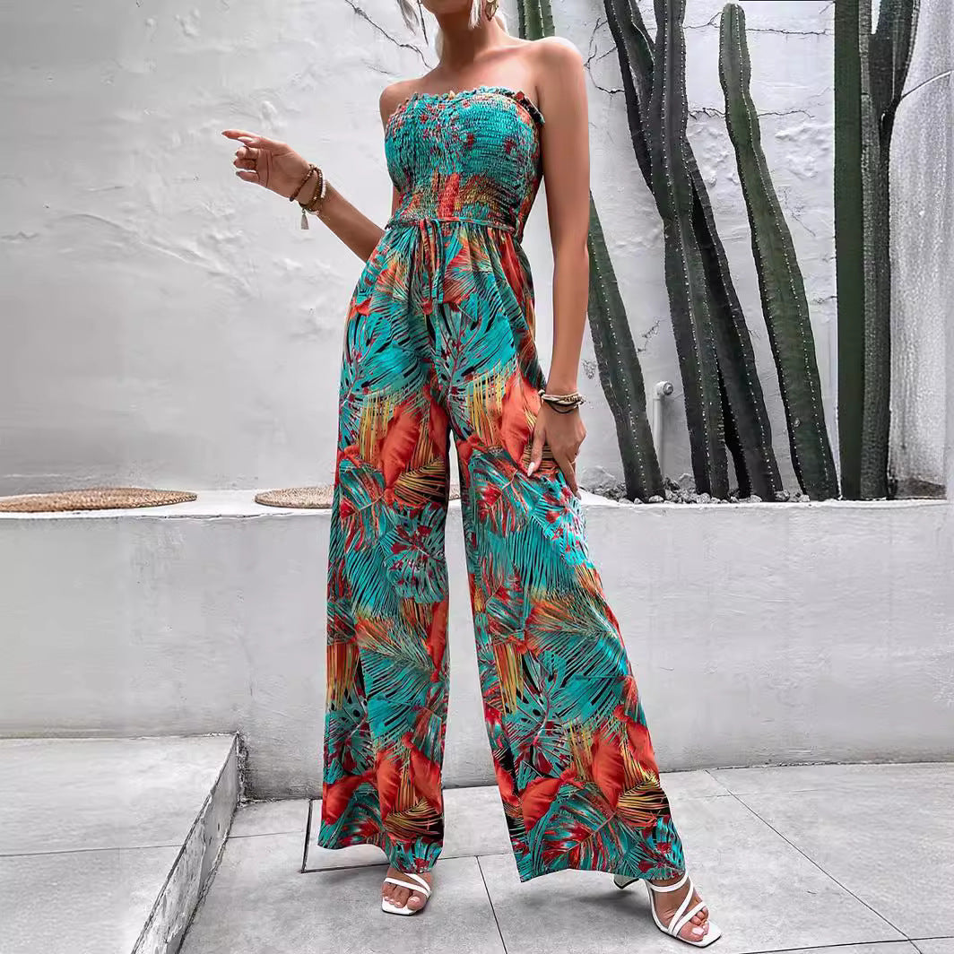 Dame Lang Jumpsuit med Blomsterprint og Elastisk Talje Stilla