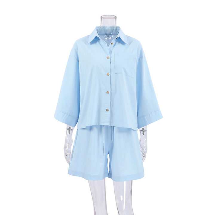 Dame afslappet linned-outfit-sæt med oversized skjorte og shorts Stilla