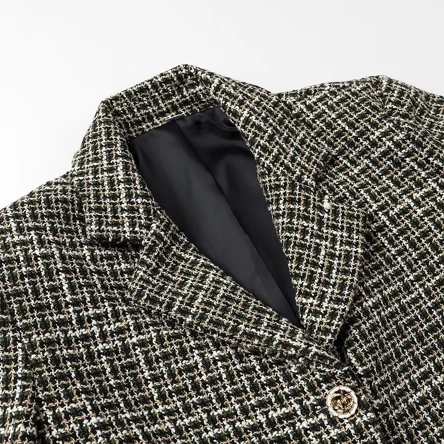 Dame Kort Tweed-Blazerjakke med dobbelt knaplukning og elegante detaljer Stilla