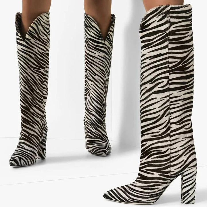 Femme Over-knæet Zebra Tryk Stiletto Støvler Stilla