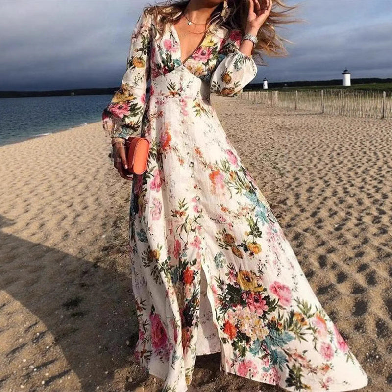 Dame langærmet maxikjole med blomstertryk og svingende nederdel Stilla