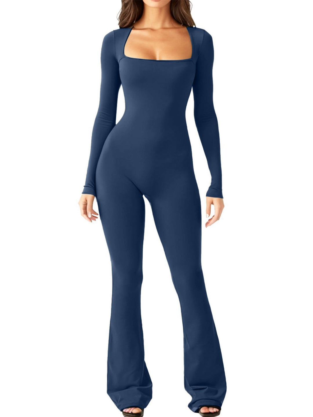 Dame moderne langærmet jumpsuit med dyb udskæring og udvidet ben Stilla