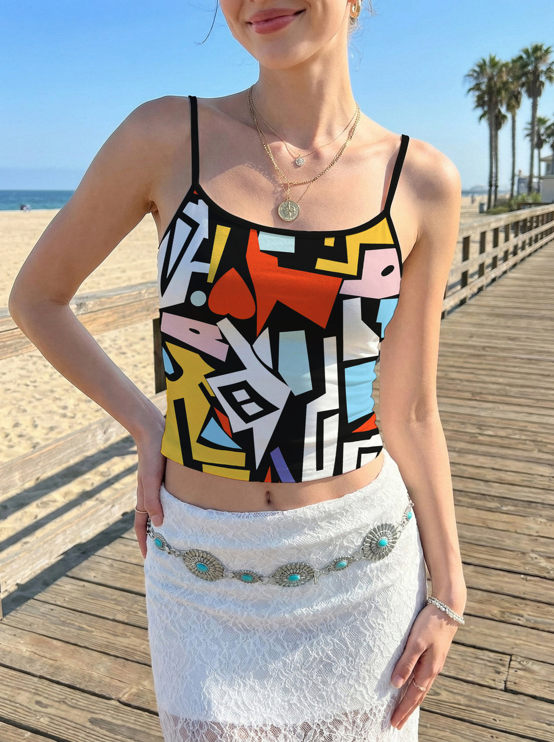 Dame crop top med blomsterdesign og justerbare stropper Skovae