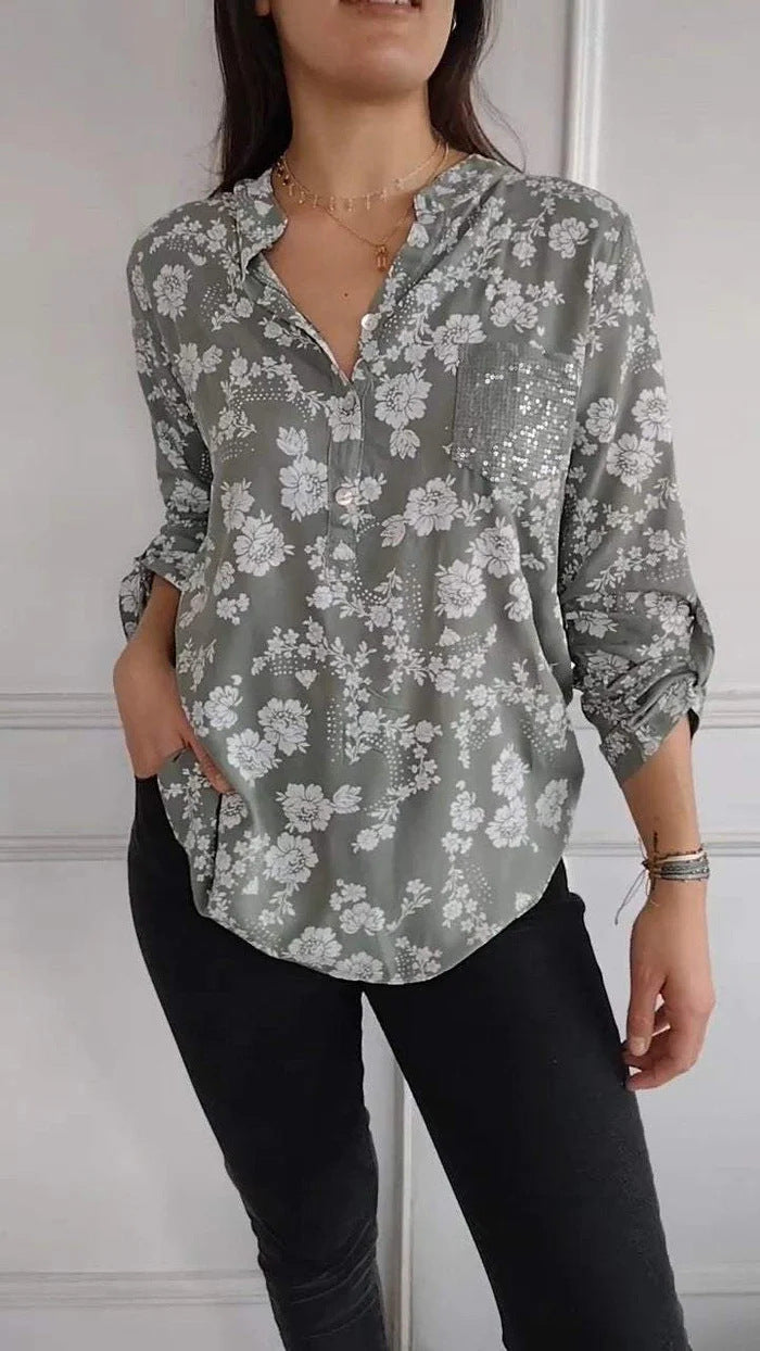 Dame blouse top med blomstermønster og glitrende pailletter Stilla