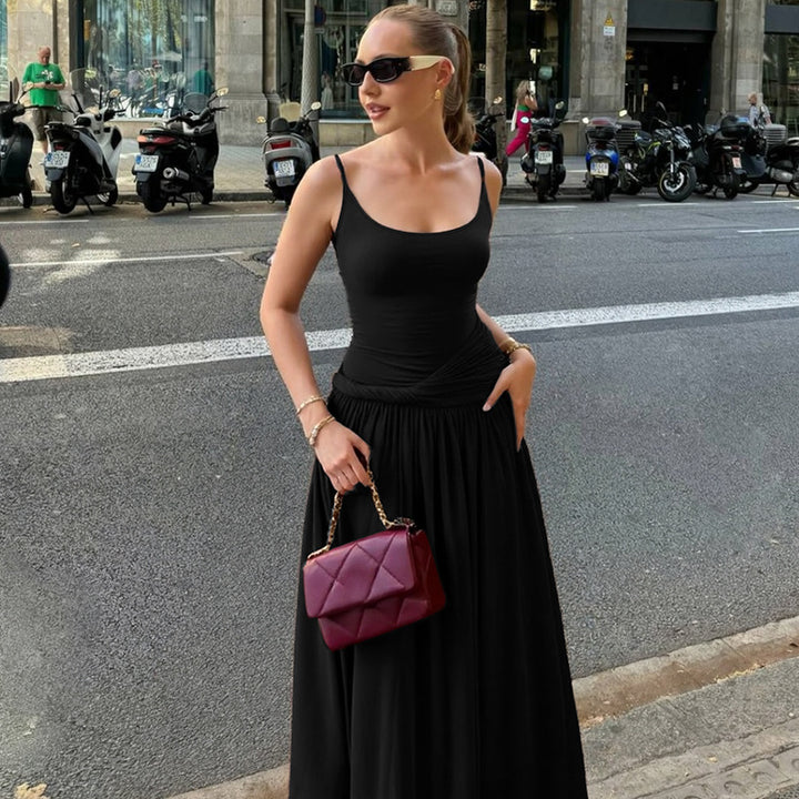 Dame Elegant Maxikjole med Drapering og Spaghetti-Stropper Skovae