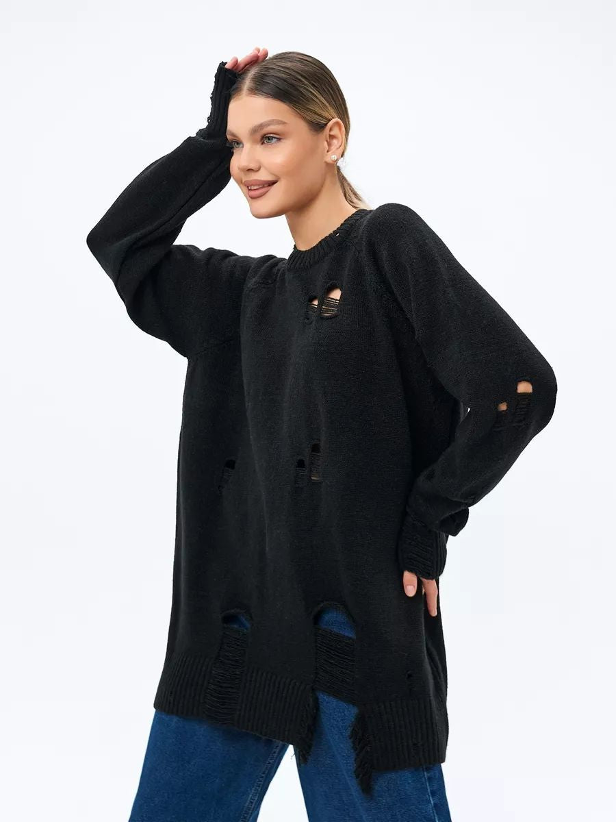 Dame Oversized Strikbluse med Frynser og Hul-Design Stilla