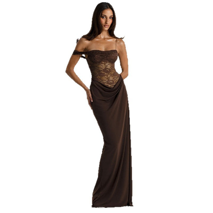 Dame Off-Shoulder Aftenkjole med raffinerede spids-applikationer og flydende materiale Skovae