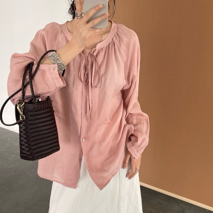 Femme Stilfuld Langærmet Bluse med Bindebælte-Detail Stilla