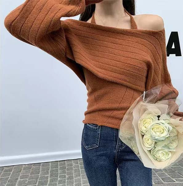 Dame Off-Shoulder Ribstrik Kort Pullover Stilla