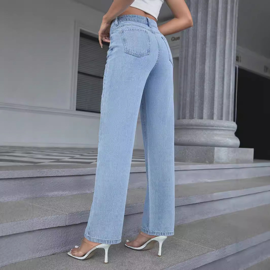 Dame fashionable High-Waist jeans med glitrende strassdetaljer Stilla