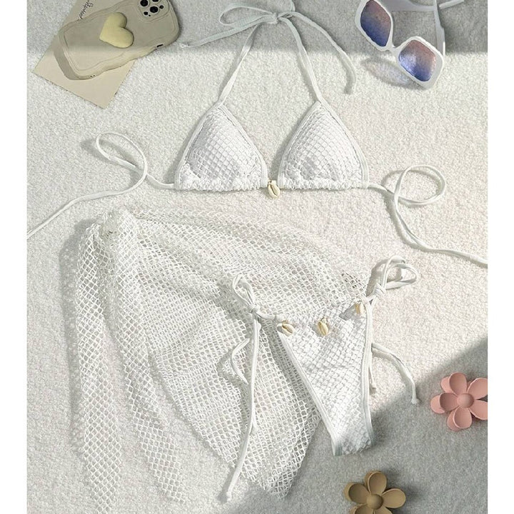 Dame net-bikini-sæt med justerbare stropper og musling-applikationer Stilla