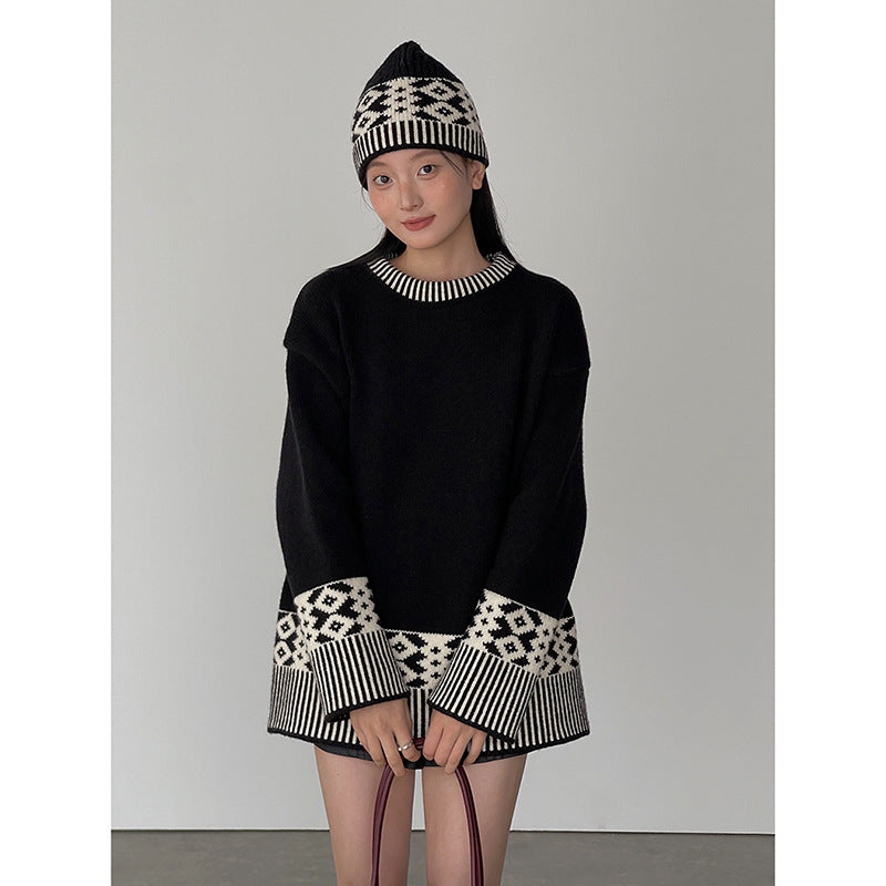 Dame Oversized Strikpullover med geometrisk mønster og høj krave Stilla