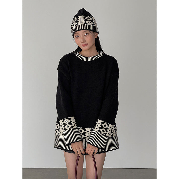 Dame Oversized Strikpullover med geometrisk mønster og høj krave Stilla