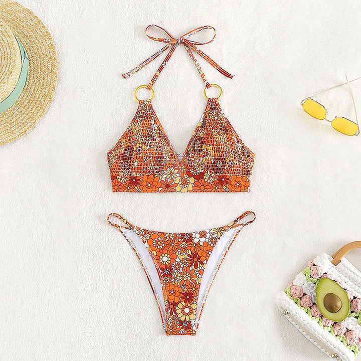 Dame Triangel-Bikini med ringe og blomsterdesign Skovae