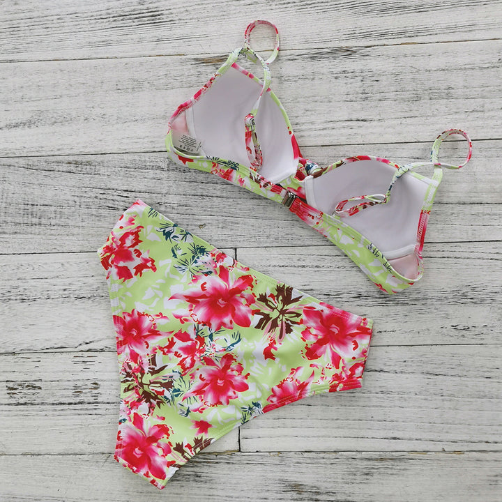 Dame bikini-sæt med blomstret snorebånd og højt taljebånd Stilla