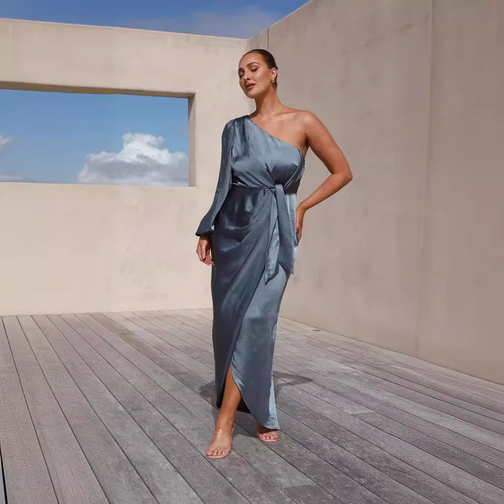 Ladies wrap dress with asymmetric design and elegant waist belt Skovae