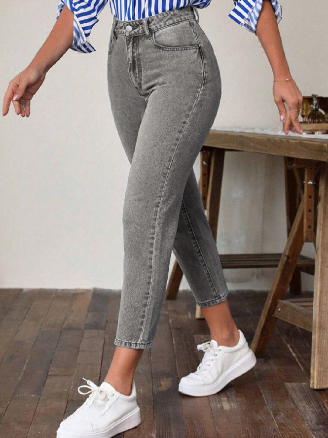 Dame High Waist Jeans i vintage-stil med smalt ben og elastisk talje Stilla