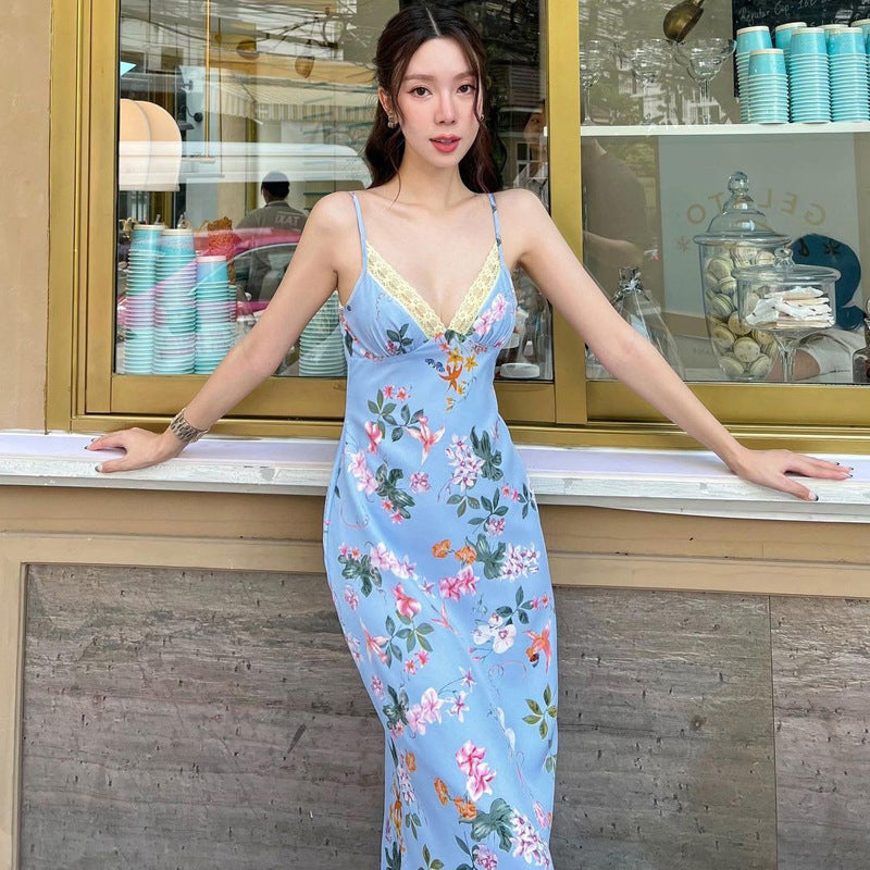 Dame Floral Print Maxi Slip Kjole med Spids Trim Stilla