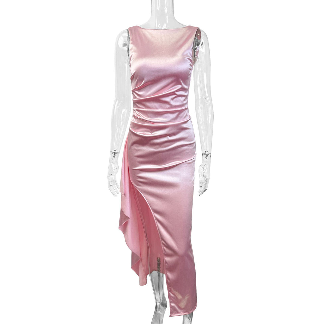 Dame Elegant Satin Aftenkjole med asymmetrisk kant og side-slids Skovae
