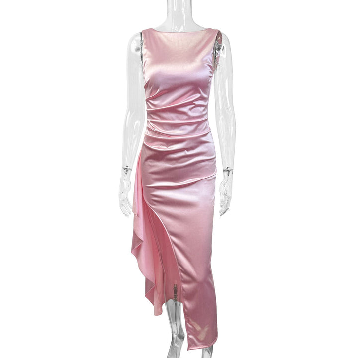 Dame Elegant Satin Aftenkjole med asymmetrisk kant og side-slids Skovae