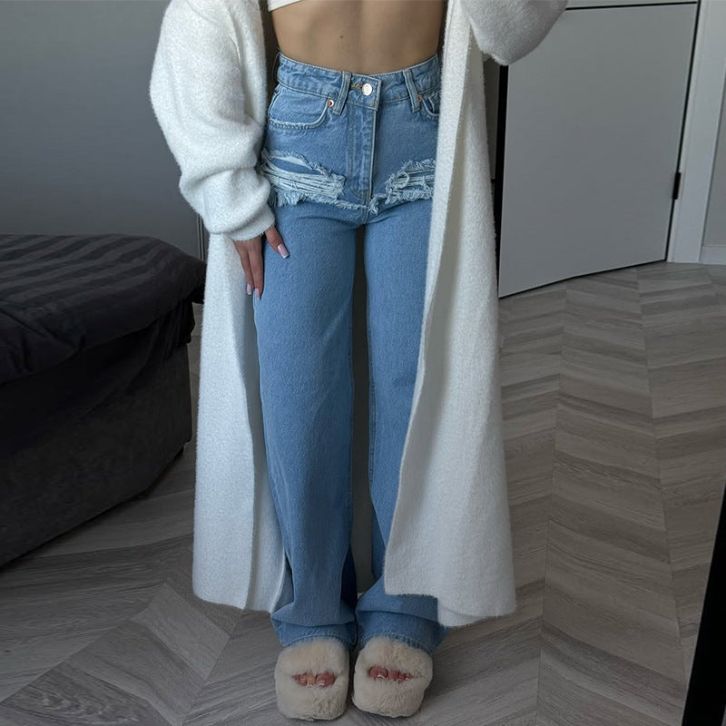 Dame Højt skårede Destroyed Jeans med frynset detaljer Stilla