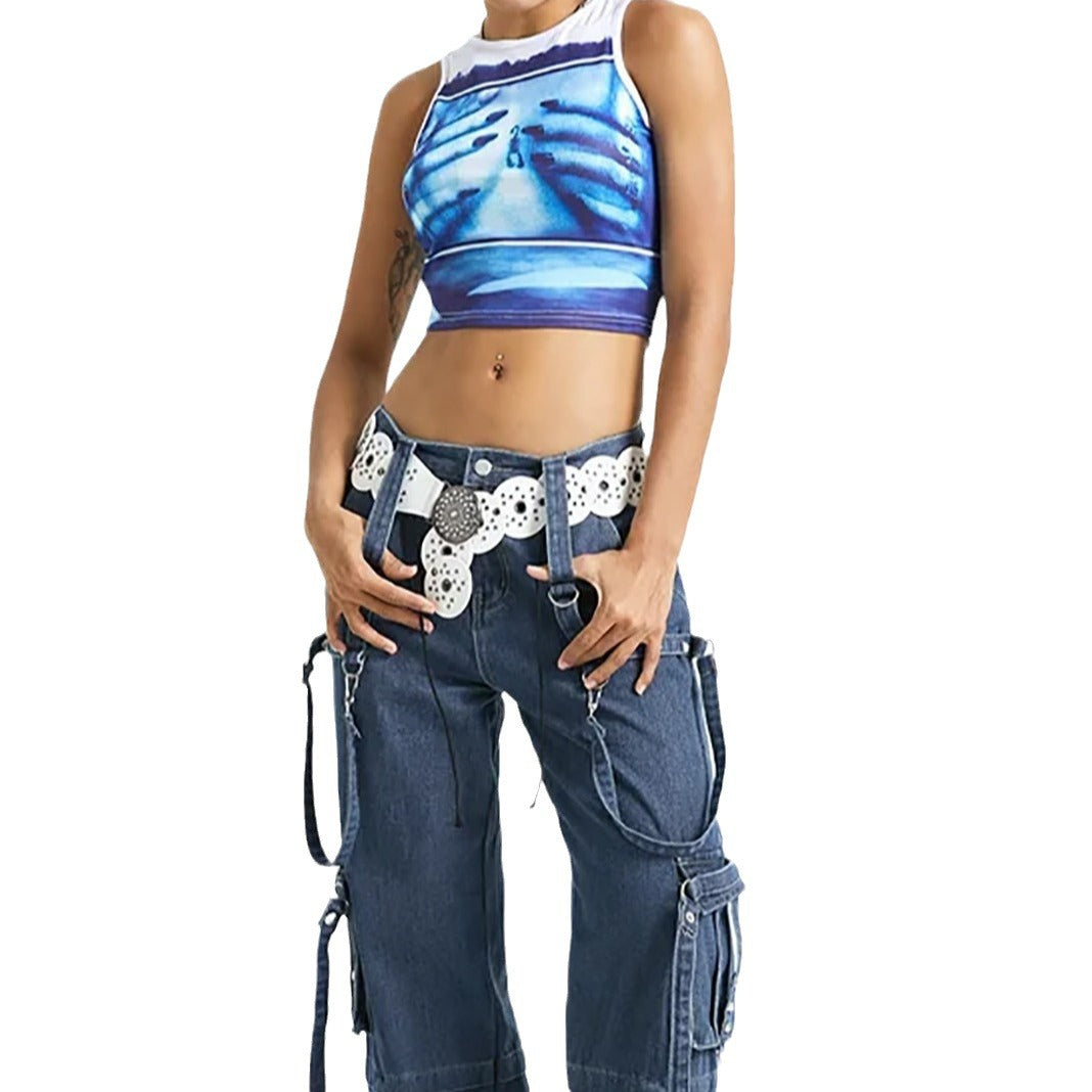 Dame Crop-Top med kreativ fotoprint og figursmigrende snit Skovae