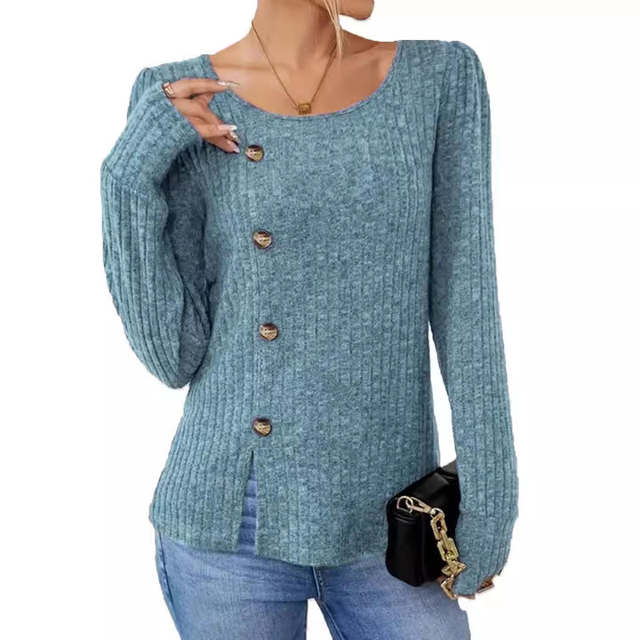 Dame finstrikket pullover med knaplukning og sidelommer Stilla