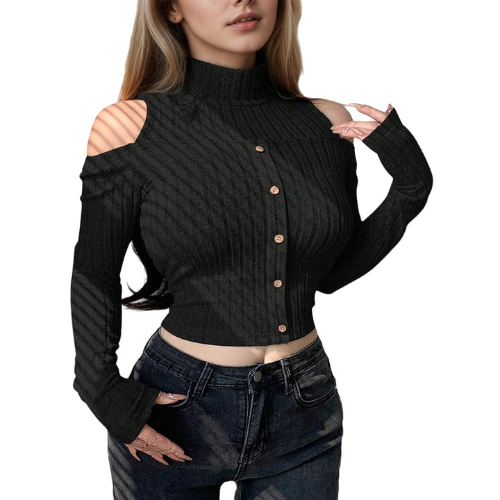 Kvinders cropped langærmet sweater med off-shoulder detaljer og knaplukning Stilla