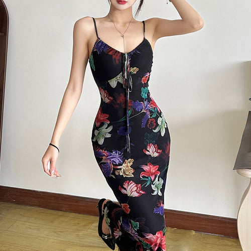 Dame maxikjole med blomstertrykt og justerbare spaghetti-stropper Stilla